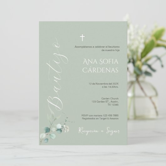 Sage Greenery Spanish Baptism Girl invitation 招待状 (スタンド正面)