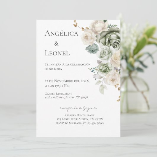 Sage Greenery Spanish Wedding 招待状 (スタンド正面)