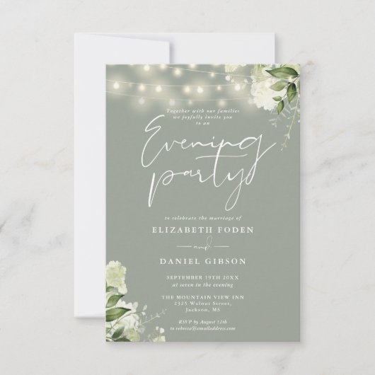 Sage Greenery String Lightsの結婚夕べパーティー 招待状 (正面)