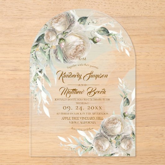 Sage Greenery White Rose Wedding アクリル招待状 (正面)