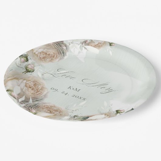Sage Greenery White Rose Wedding ペーパープレート (アングル)