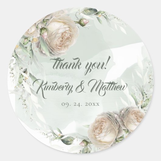 Sage Greenery White Rose Wedding ラウンドシール (正面)