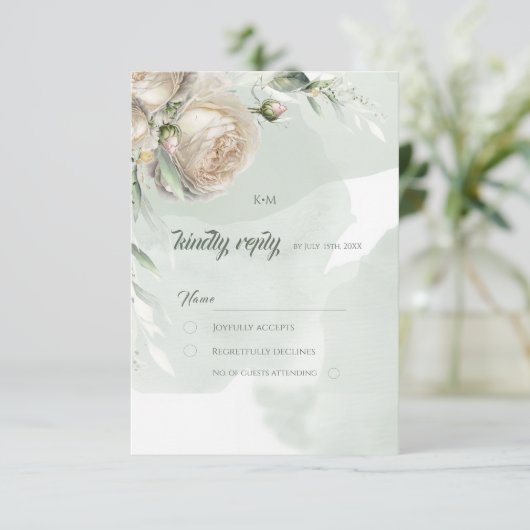 Sage Greenery White Rose Wedding 出欠カード (スタンド正面)