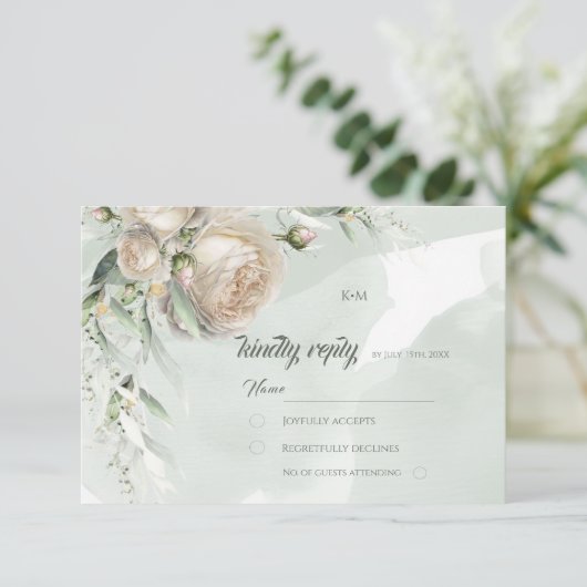 Sage Greenery White Rose Wedding 出欠カード (スタンド正面)