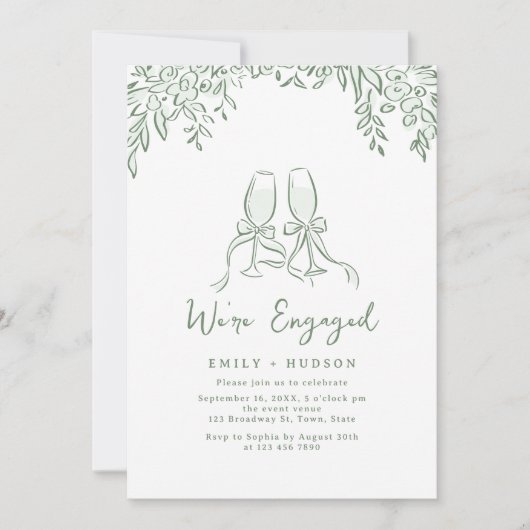 Sage Hand Drawn Cheers Toast Whimsical Engagement 招待状 (正面)