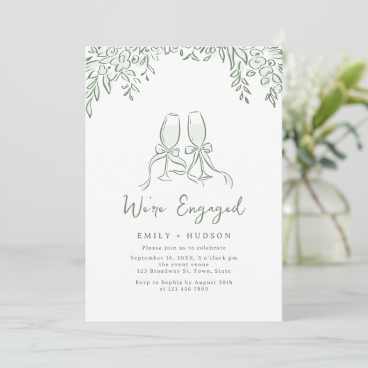 Sage Hand Drawn Cheers Toast Whimsical Engagement 招待状 (スタンド正面)