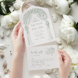 Sage Hand Drawn Floral Arch Whimsical Wedding オールインワン招待状