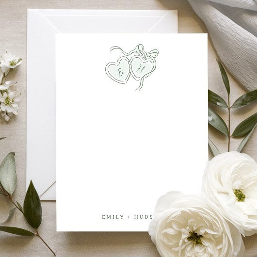 Sage Hand Drawn Hearts Monogram Personalized ノートカード