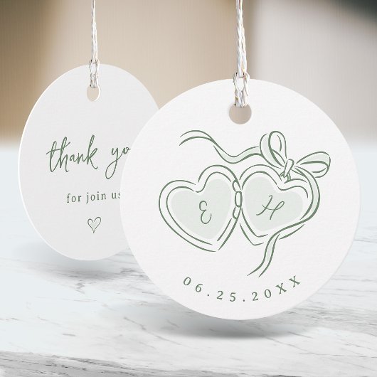Sage Hand Drawn Hearts Monogram Thank You  フェイバータグ