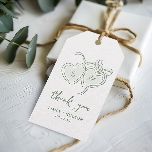 Sage Hand Drawn Hearts Monogram Thank You Favors ギフトタグ