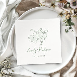 Sage Hand Drawn Hearts Monogram Whimsical Wedding スタンダードカクテルナプキン