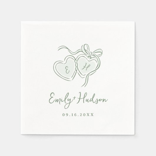 Sage Hand Drawn Hearts Monogram Whimsical Wedding スタンダードカクテルナプキン (正面)