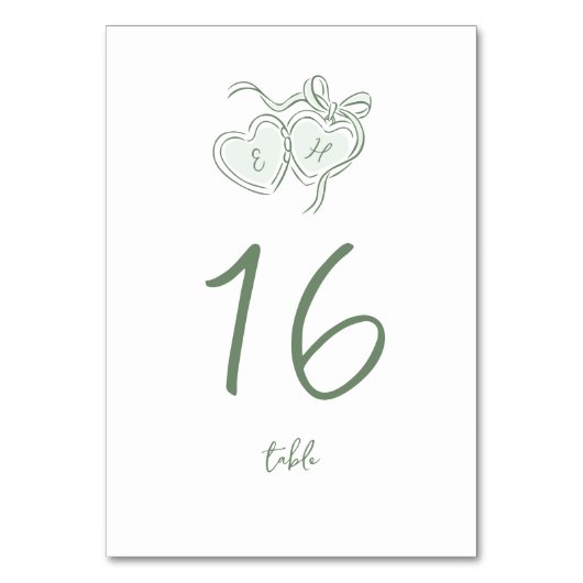 Sage Hand Drawn Hearts Monogram Whimsical Wedding テーブルナンバー (正面)