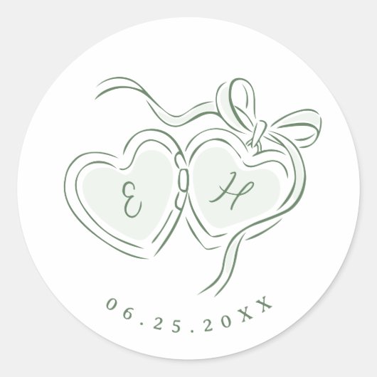 Sage Hand Drawn Hearts Monogram Whimsical Wedding ラウンドシール (正面)