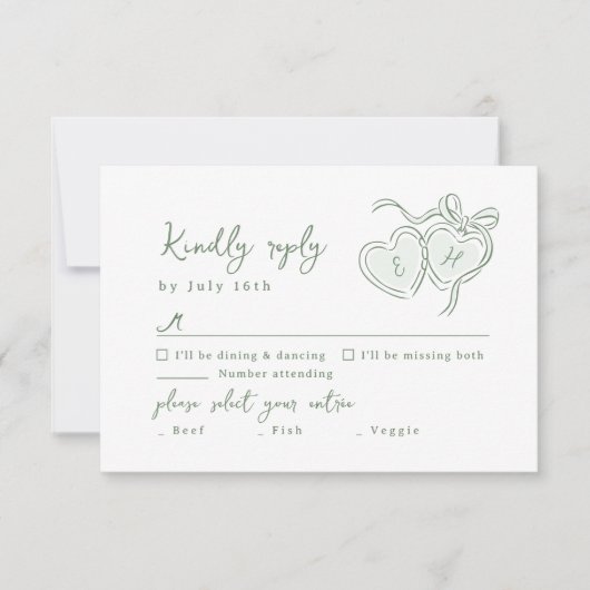 Sage Hand Drawn Hearts Monogram Whimsical Wedding 出欠カード (正面)