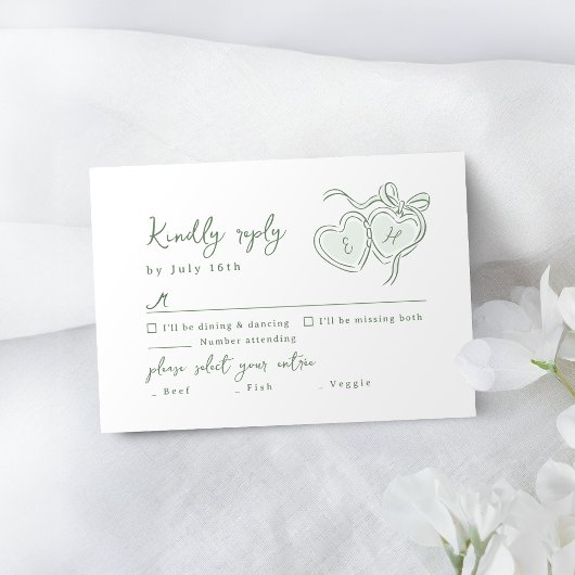 Sage Hand Drawn Hearts Monogram Whimsical Wedding 出欠カード