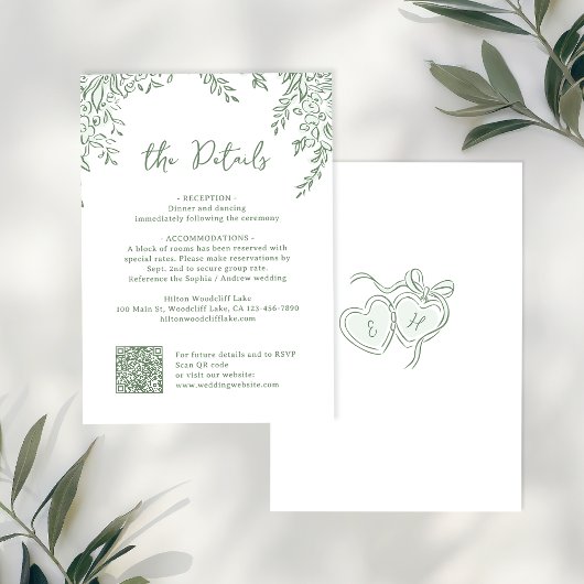 Sage Hand Drawn Monogram Whimsical Wedding Details ノートカード