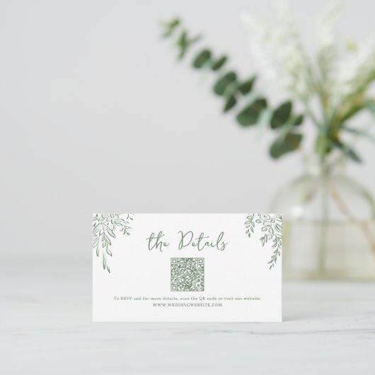 Sage Hand Drawn Whimsical Wedding QR code Details プレイスカード (スタンド正面)