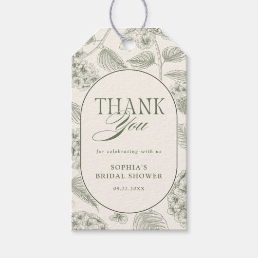 Sage Hydrangea Vintage Bridal Shower ギフトタグ (正面)