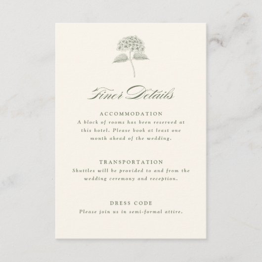 Sage Hydrangea Vintage Wedding Details エンクロージャーカード (正面)