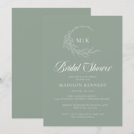 sage Leafy Crest Monogram ブライダルシャワー 招待状 (正面/裏面)