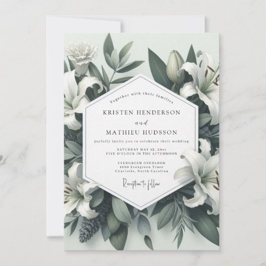 Sage Lily Botanical Romance Wedding 招待状 (正面)