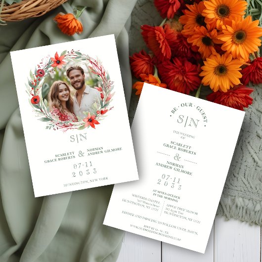 Sage Luxury Initials Floral Red Shades Round Photo 招待状