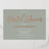 Sage Minimalistスクリプトブライダルシャワーバラ金ゴールド 箔招待状 (正面)