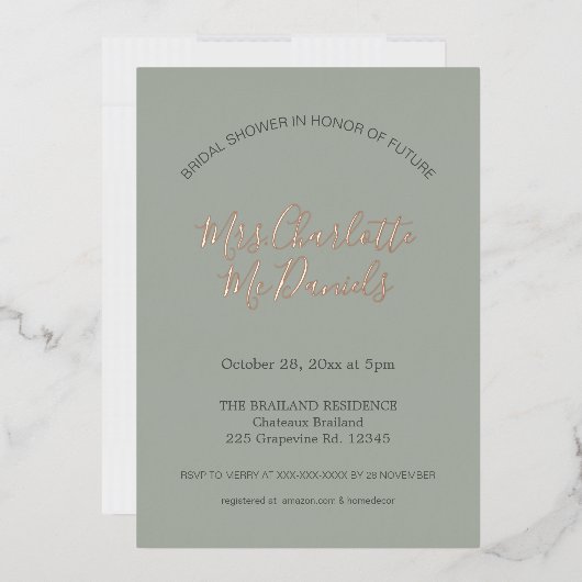 Sage Minimalistスクリプトブライダルシャワーバラ金ゴールド 箔招待状 (封筒)