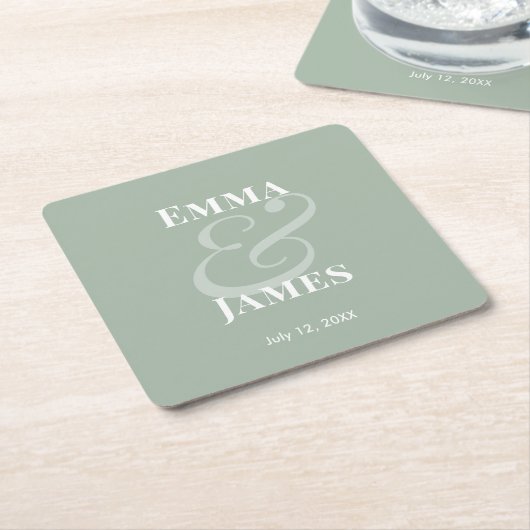 Sage Minimalist Ampersand Wedding | リバース スクエアペーパーコースター (アングル)