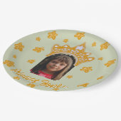 Sage Mist Princess Crown Floral Photo Birthday ペーパープレート (アングル)