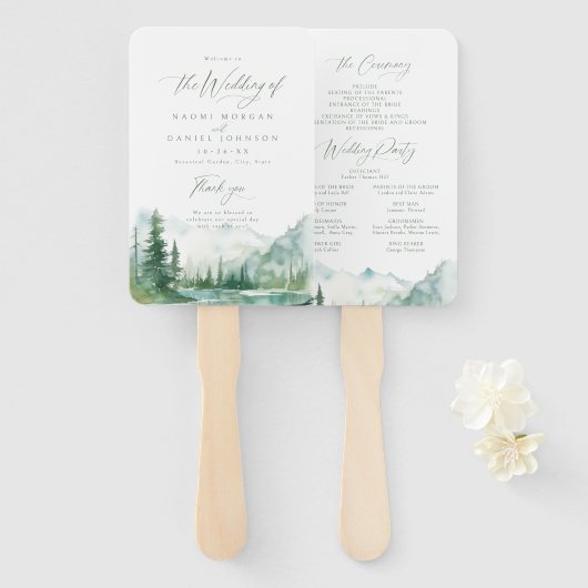 Sage Mountain Forest Rustic Wedding Programs ハンドファン (正面&裏面)
