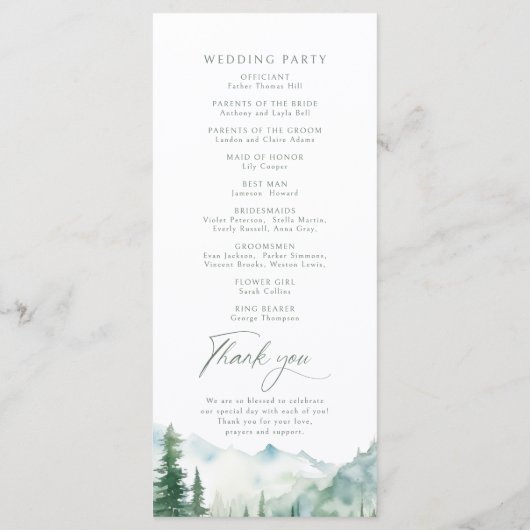 Sage Mountain Forest Rustic Wedding Programs メニュー (裏面)