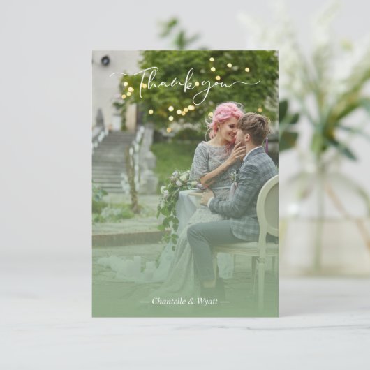 Sage Newlyweds Photo Simple Calligraphy Script サンキューカード (スタンド正面)