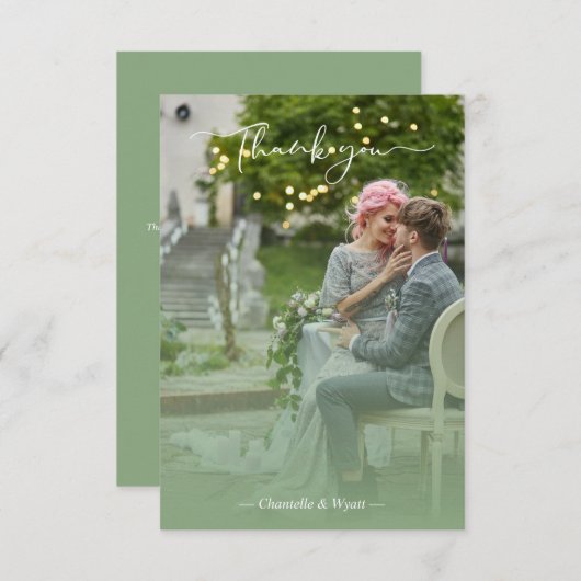 Sage Newlyweds Photo Simple Calligraphy Script サンキューカード (正面/裏面)