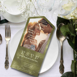 Sage Olive Greenきらめくライン写真QRコード オールインワン招待状