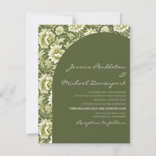 Sage Olive Green Botanical Arch Script Wedding 招待状 (正面)