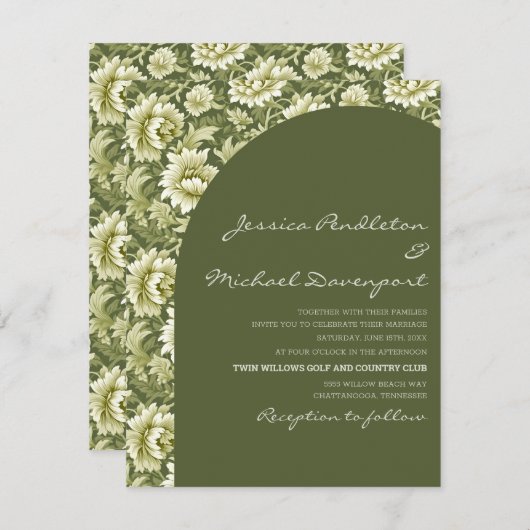 Sage Olive Green Botanical Arch Script Wedding 招待状 (正面/裏面)