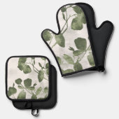 Sage Olive Green Painterly Botanical Art 02 鍋つかみ&鍋敷きセット (正面/裏面)