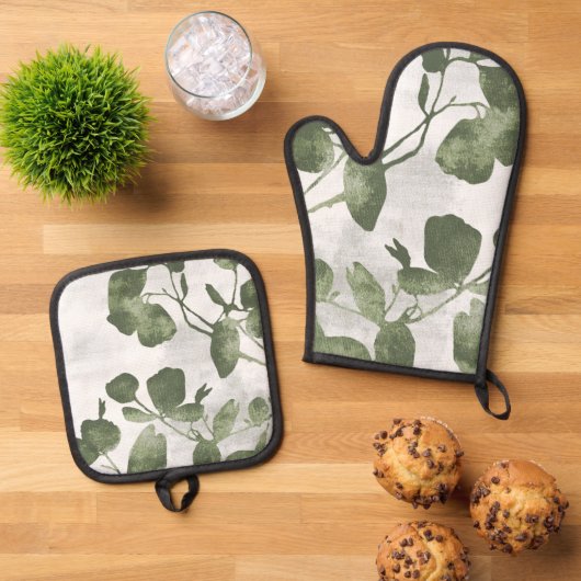 Sage Olive Green Painterly Botanical Art 02 鍋つかみ&鍋敷きセット (トップダウン)