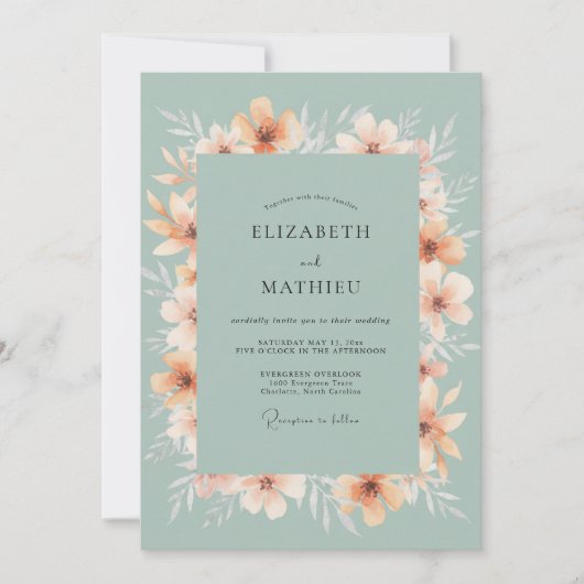 Sage Orange Blossom Wreath Wedding 招待状 (正面)