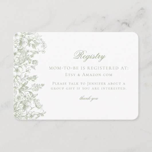 Sage Pastel Chinoiserie Floral Baby Registry Card エンクロージャーカード (正面)