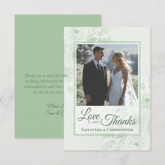 Sage Peonies Love & Thanks Photo & Note Wedding サンキューカード (正面/裏面)