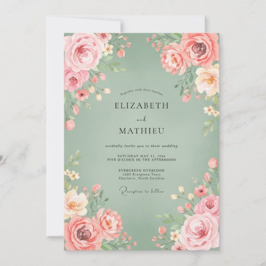Sage Pink Bloom Flourish Wedding 招待状 (正面)