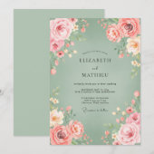 Sage Pink Bloom Flourish Wedding 招待状 (正面/裏面)