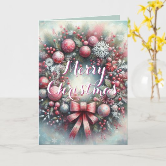 Sage & Pink Wreath – Elegant Personalized Holiday  カード (黄色い花)