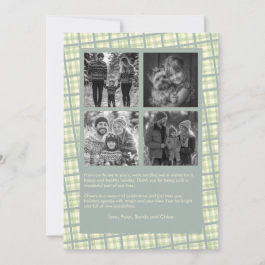 Sage Plaid Gingham Christmas Custom Photo Collage シーズンカード (裏面)