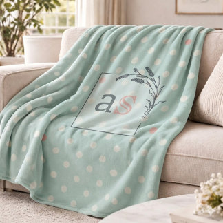 Sage Polka Dot Monogram Throw Elegant Wedding Gift フリースブランケット