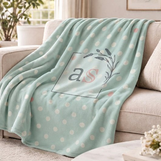 Sage Polka Dot Monogram Throw Elegant Wedding Gift フリースブランケット