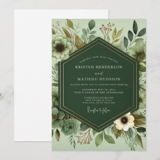 Sage Serene Foliage Wedding 招待状 (正面/裏面)